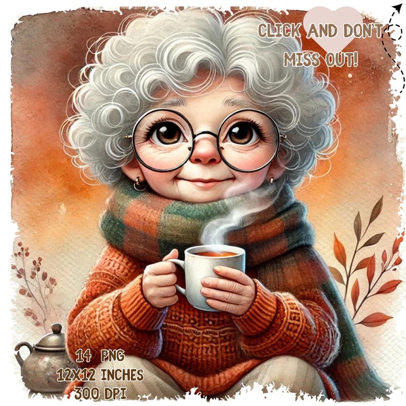 Senior Lady Drinking Coffee Clipart: Cozy Grandma PNG Bundle (digital ...