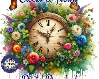 Watercolor Clock Clipart Bundle | Roman Numerals, Flowers, Birds (PNG & JPG) (Digital Download)