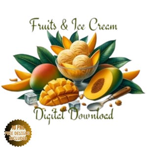 Tropical Summer Ice Cream Clipart Bundle Watercolor ,  Flavored Tasty Desserts. Mango, Passion Fruit, Tamarind, Pineapple, Guava Images Png