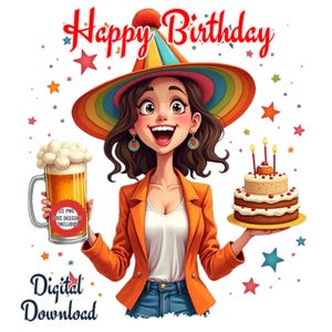 Clipart de feliz cumpleaños en acuarela. Clipart de niña de cumpleaños peculiar. Clipart de cumpleaños. Clip art de pastel de cumpleaños. Mujer linda de cumpleaños. Chica peculiar