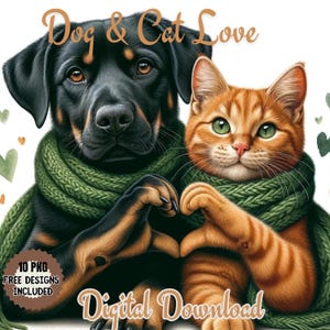 Aquarell Katzen- und Hundefreundschaft, verspieltes Haustier Clipart für Kinderzimmerdekor und Sublimation, modische Welpen und Schals, Freunde für immer