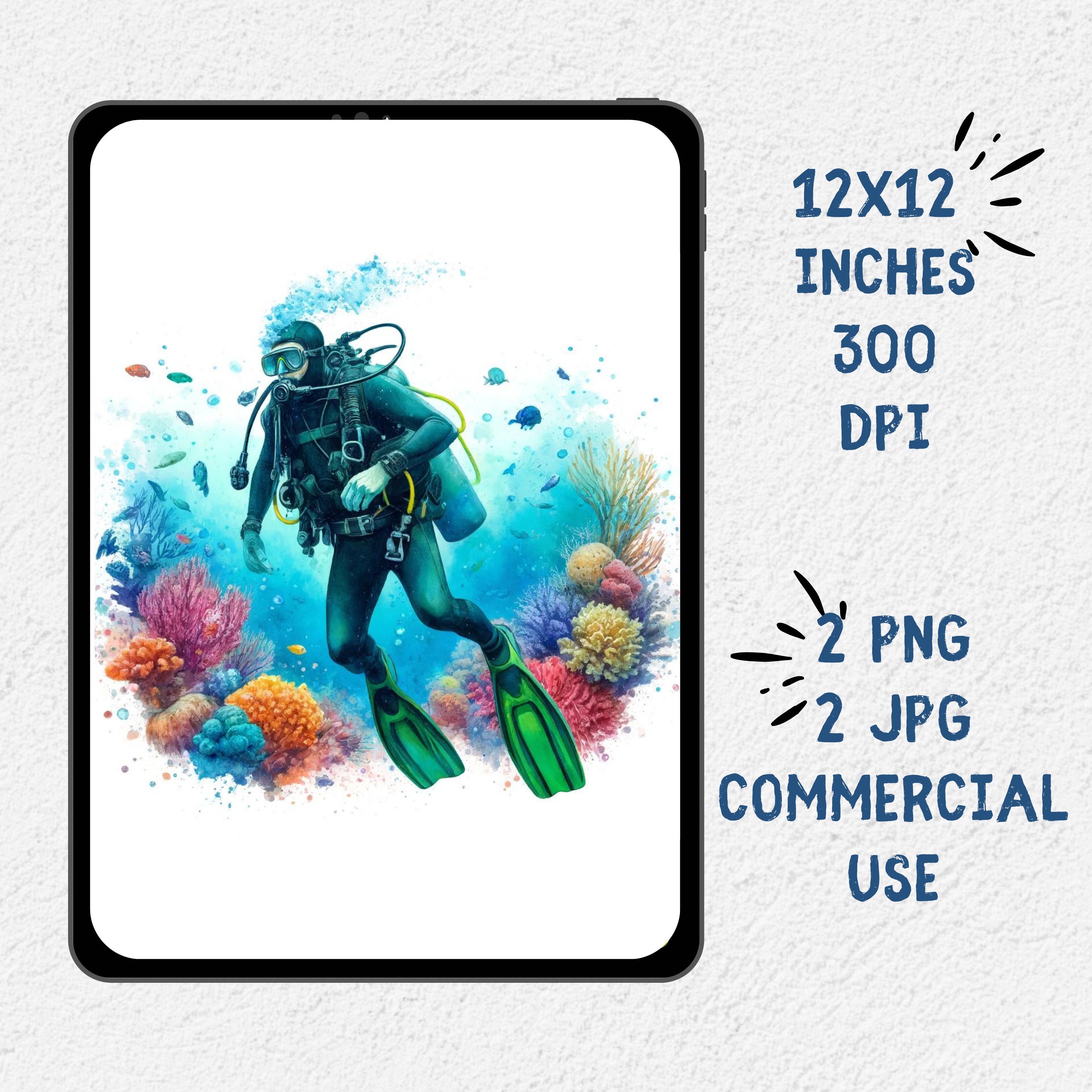 水彩スキューバダイビングクリップアートPNG：ダイバーのイラスト