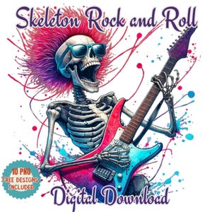 Aquarel clipart: skelet speelt gitaar in png en jpg, elektrische euforie met rock-'n-roll-skeletten, gitaristkunst voor muziekliefhebbers