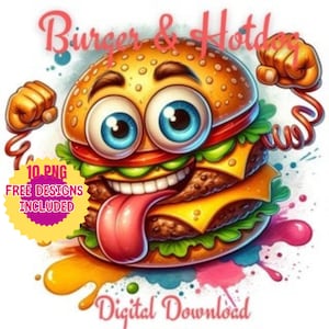Clipart de hambúrguer e cachorro-quente em aquarela, ilustrações divertidas de fast food, arte digital de junk food, comida de rua PNG/JPG, download de decoração de cozinha