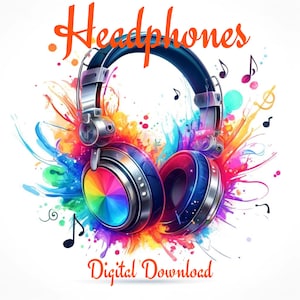 Aquarel levendige muziek hoofdtelefoon clipart, kleurrijke hoofdtelefoon printables, hoogwaardige ontwerpen, muziekkunst, veelkleurige hoofdtelefoon muurdecoratie
