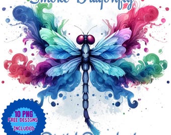 Smoke Dragonfly Watercolor Clipart. Mystical Art. Vibrant Colorful Dragonfly Clipart Bundle. Polychromatic Art PNG y JPG. Printables