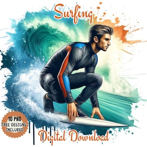 Clipart de surfe em aquarela: praia, palmeira, onda PNG (download digital)