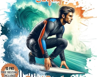 Watercolor Surfing Clipart: Beach, Palm Tree, Wave PNG (Digital Download)