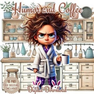 Acuarela de imágenes prediseñadas de chica de café cómico. Amante del café PNG. Chica divertida y molesta en la cocina y la biblioteca tomando una taza de café. Humor matutino