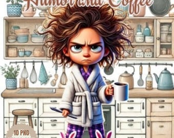 Funny Coffee Girl Watercolor Clipart: Kitchen & Library PNG (Digital Download)