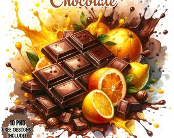 Chocolate Cherries Lemon Watercolor Clipart, Dessert PNG JPG (Digital Download)