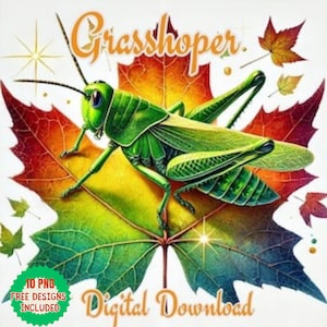 Watercolor Grasshopper Clipart: Insect on Colorful Leaves (PNG & JPG Digital Download)