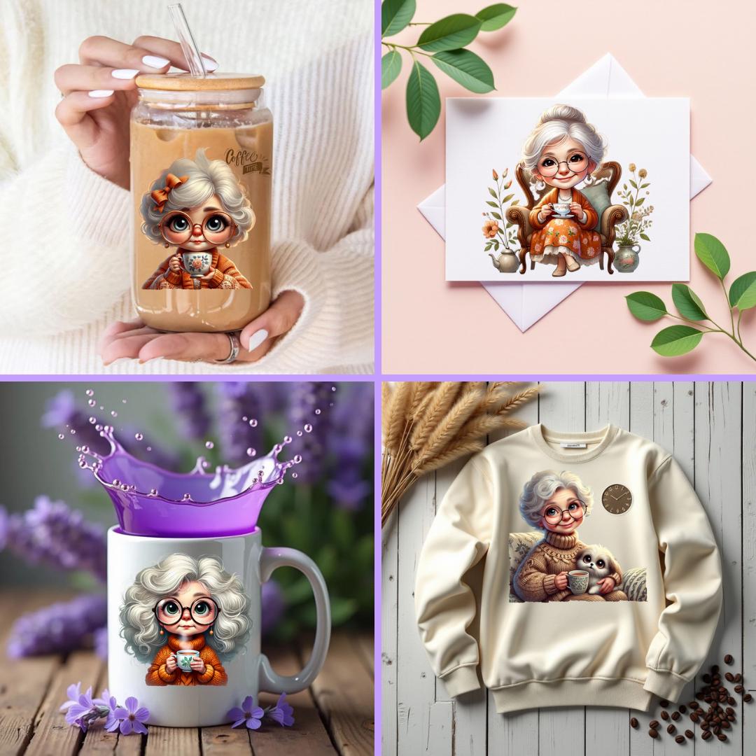 Senior Lady Drinking Coffee Clipart: Cozy Grandma PNG Bundle (digital ...