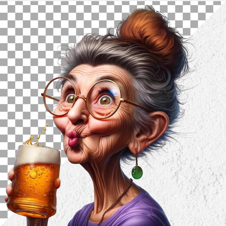 Puede incluir: Una caricatura de una mujer mayor con el pelo gris y un mo&ntilde;o, que lleva gafas redondas y una camisa morada, sosteniendo un vaso de cerveza.