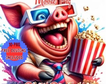 Watercolor Movie Pig Clipart: Snack Theme Illustration (JPG & PNG)