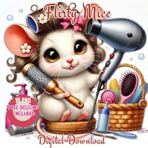 Charming & Kokette Mäuse Aquarell Cliparts mit großen bunten Schleifen, entzückenden Ausdrücken beim Makeup und Nagellack mit Schmetterlingen