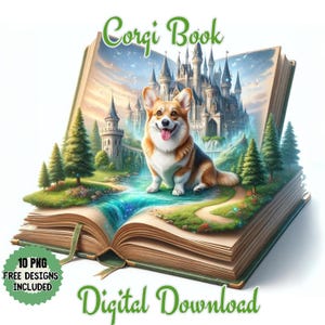 Corgis Buchliebhaber: Zauberhaftes Aquarell Clipart | Digitale PNG Bilder für kommerzielle Nutzung, Lese- und Bibliotheks-Fantasy-Kunst, Scrapbooking
