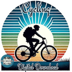 Ciclista al atardecer con imágenes prediseñadas de fondo rayado de colores. Ciclismo Png Acuarela. Bicicleta, Ciclista, Ciclismo de Montaña. Imagen deportiva. Ciclismo de carretera
