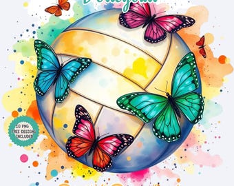 Watercolor Volleyball Clipart: Floral Butterfly Design (PNG Digital Download)