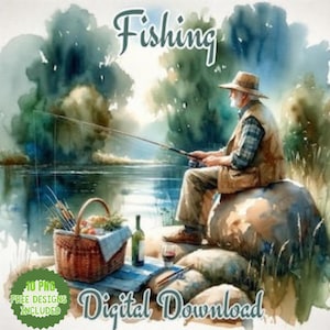 Clipart di pesca dell'uomo dell'acquerello JPG. Tema ClipArt di pesca. Paesaggio di pesca in lago e in barca, pesca e cibo. JPG di Paper Craft, immagini JPG