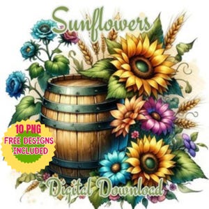 Barril Rústico Aquarela Com Girassóis, Flores Coloridas, Trigo E Maçãs Verdes Clipart. Pacote de girassóis PNG, coleção de arte botânica