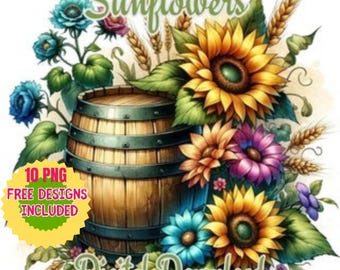 Watercolor Sunflowers Clipart, Rustic Barrel, Wheat, Apples (PNG, JPG, PDF)