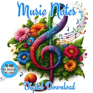 Watercolor Floral Music Notes Clipart Png. Harmonious and  Melodic Music Note Bundle. Floral Treble Clef in Watercolor. Melodic Decor Design