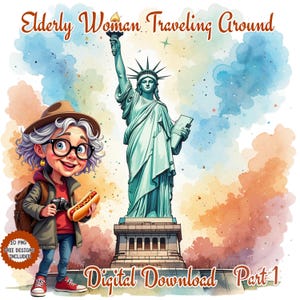 Lustige alte Dame herum reisen Png. Urlaub ältere Dame Cartoon Illustration Clipart. Lustige Oma auf Reisen. Entzückende Oma-Reise
