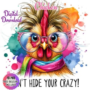 Aquarelle des cliparts drôle de poulet mignon, sublimation de poulet drôle, des cliparts de poussin Png, humoristiques de poules, illustration d'animaux fous, JPG-PNG