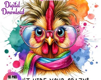 Watercolor Funny Chicken Clipart: Humoristic Animal Illustration (PNG, JPG)