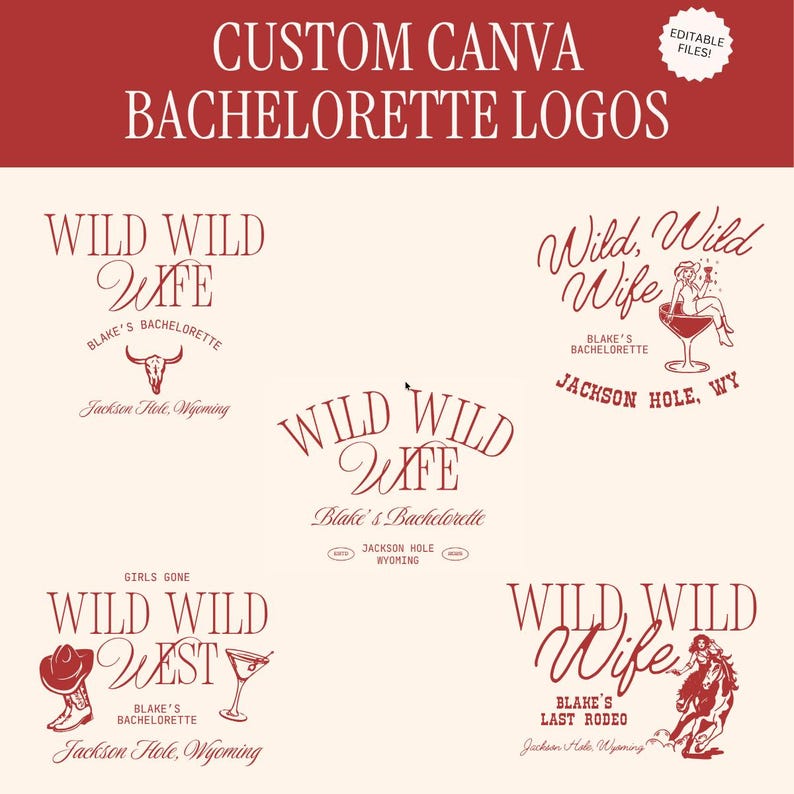 Op de afbeelding: Een verzameling aangepaste Canva vrijgezellenfeestlogo's in een rustieke rode kleur. De logo's bevatten tekst als "Wild Wild Wife" en "Wild Wild West", met illustraties van een schedel van een stier, cowboylaarzen en een vrouw in een cocktailglas.