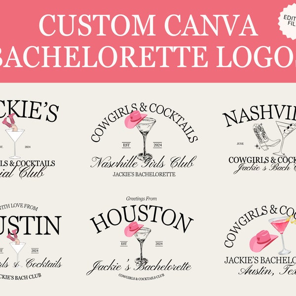 6 Editable Cowgirls & Cocktails Party Logo Pack | Canva Templates | Customizable Graphics for Invites, Merch, Web | Bachelorette Logo