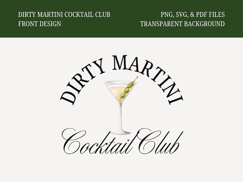 May include: A black and white logo design for a cocktail club. The logo features a martini glass with olives and the text "DIRTY MARTINI Cocktail Club".