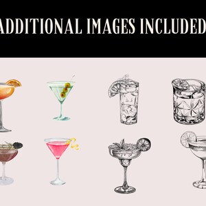 K&ouml;nnte beinhalten: Ein Satz von acht handgezeichneten Illustrationen verschiedener Cocktails. Die Illustrationen sind in Schwarzwei&szlig; gehalten und zeigen verschiedene Garnituren wie Oliven, Zitrusfr&uuml;chte und Kr&auml;uter.