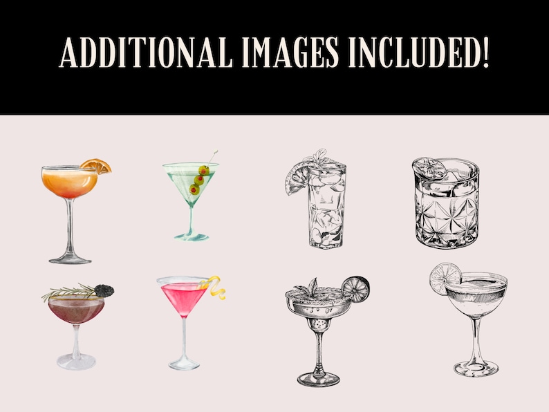 K&ouml;nnte beinhalten: Ein Satz von acht handgezeichneten Illustrationen verschiedener Cocktails. Die Illustrationen sind in Schwarzwei&szlig; gehalten und zeigen verschiedene Garnituren wie Oliven, Zitrusfr&uuml;chte und Kr&auml;uter.
