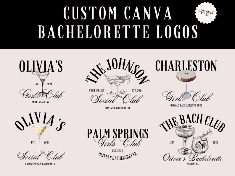 K&ouml;nnte beinhalten: Sechs verschiedene Junggesellinnenabschied-Logos mit einem Cocktailglas mit einem Getr&auml;nk und dem Text "Girls Club" sowie dem Namen der Stadt. Die Logos sind in Schwarzwei&szlig; mit einem hellrosa Hintergrund.