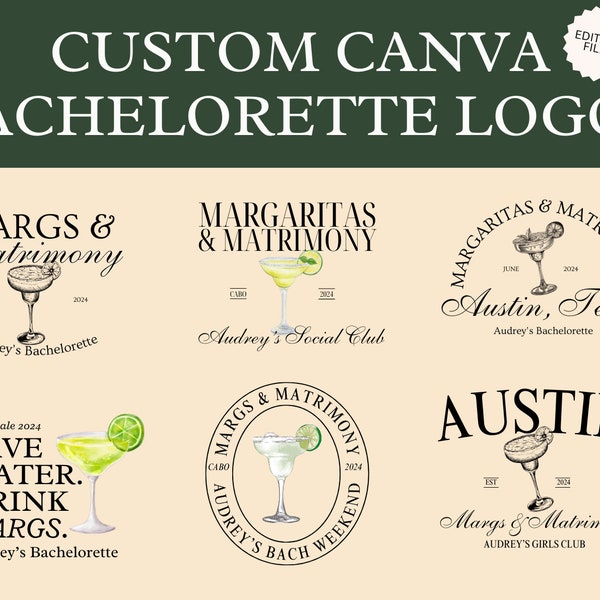 6 Editable Luxe Margs & Matrimony Party Logo Pack | Canva Templates | Customizable Graphics for Invites, Merch, Websites | Bachelorette Logo