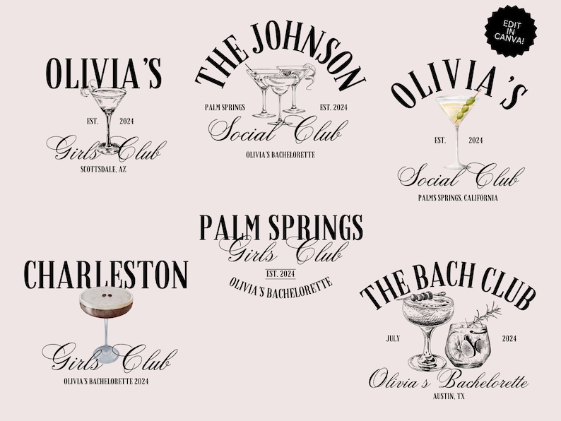 K&ouml;nnte beinhalten: Sechs verschiedene Designs f&uuml;r einen Junggesellinnenabschied. Jedes Design zeigt ein Cocktailglas mit einem Getr&auml;nk und einem Text&uuml;berlagerung. Der Text enth&auml;lt den Namen "Olivia's", den Ort und das Datum. Die Designs sind f&uuml;r einen Junggesellinnenabschied in Scottsdale, Palm Springs, Charleston, Austin und zwei weiteren Orten.