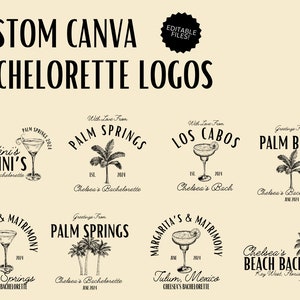 Puede incluir: Un conjunto de seis ilustraciones en blanco y negro de logotipos de despedida de soltera. Los logotipos presentan palmeras, cócteles y texto que dice "Palm Springs", "Los Cabos", "Palm Beach", "Tulum, México" y "Key West, Florida".