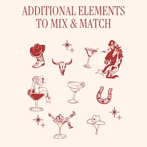 Op de afbeelding: Cr&egrave;mekleurige illustratie met de tekst "ADDITIONAL ELEMENTS TO MIX & MATCH". De afbeelding bevat rode illustraties van een cowboyhoed, laarzen, een schedel van een stier, cocktails, een vrouw op een paard, een hoefijzer en een cowboy in een martiniglas.