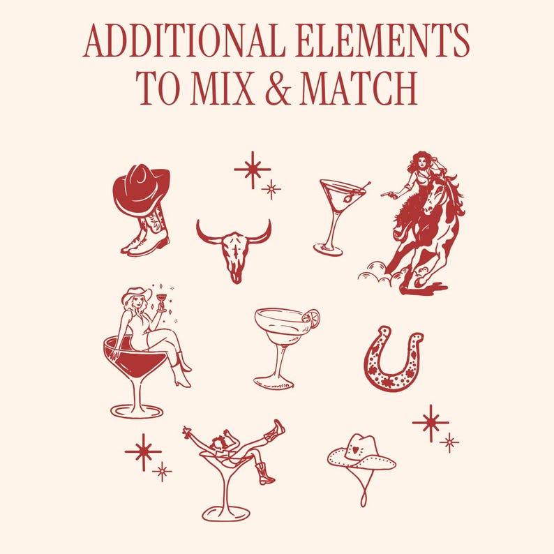 Op de afbeelding: Cr&egrave;mekleurige illustratie met de tekst "ADDITIONAL ELEMENTS TO MIX & MATCH". De afbeelding bevat rode illustraties van een cowboyhoed, laarzen, een schedel van een stier, cocktails, een vrouw op een paard, een hoefijzer en een cowboy in een martiniglas.