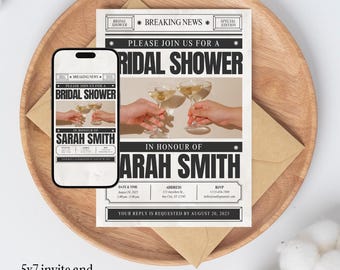 Newspaper Bridal Shower Invitation Template | Editable Canva Template | Instant Download | Elegant Bridal Shower | Custom Invitation