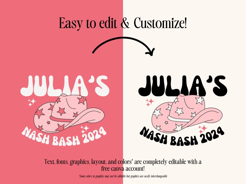 May include: A pink and white cowboy hat with stars and the text "JULIA'S NASH BASH 2024" in a retro font. The design is on a pink background and is editable.