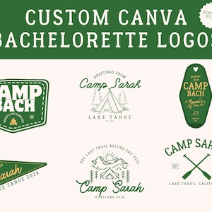 May include: Five different green and gold bachelorette party logos with a camping theme. The logos feature the text "Camp Bach", "Camp Sarah", and "Camp Sarah" with different designs and details. The logos are perfect for a bachelorette party with a camping theme.