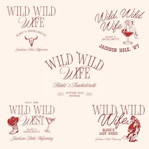 Op de afbeelding: Een verzameling rode en witte vrijgezellenfeestlogo's. De logo's tonen de zinnen "Wild Wild Wife" en "Wild Wild West", samen met illustraties van een schedel van een stier, een vrouw in een martiniglas, een cowboylaars en een vrouw op een paard.