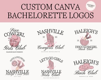 6 Editable Cowgirl Club Bach Logos | Canva Templates | Custom Graphics for Invites, Merch, Web | Bachelorette Logo Pack | Girls Weekend