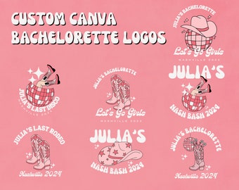 May include: Six different bachelorette party logos featuring a disco ball, cowboy boots, and a cowboy hat. The logos are all pink and white and feature the text "Julia's Bachelorette", "Let's Go Girls", "Nashville 2024", "Nash Bash 2024", and "Julia's Last Disco".