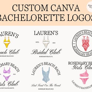 Puede incluir: Logotipos personalizados de despedida de soltera en Canva con ilustraciones de trajes de baño en acuarela. Los logotipos incluyen texto como "Beach Club", "Bridal Club" y "Girls Club", con "Lauren's" encima de cada diseño. Los logotipos son de varios colores.