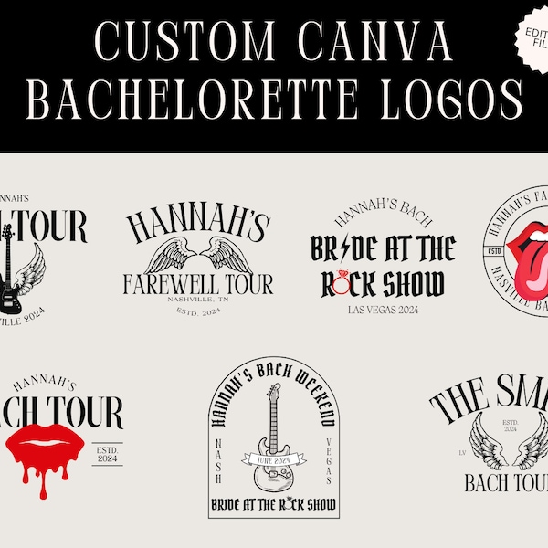 7 Editable Rock n Roll Bachelorette Party Logo Pack | Canva Templates | Customizable Graphics for Invites, Merch, Websites | JPG, PNG, SVG