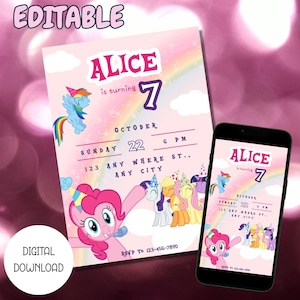 Bewerkbare My Little Pony-verjaardagsuitnodiging: eenhoornfeest, afdrukbare canvassjabloon